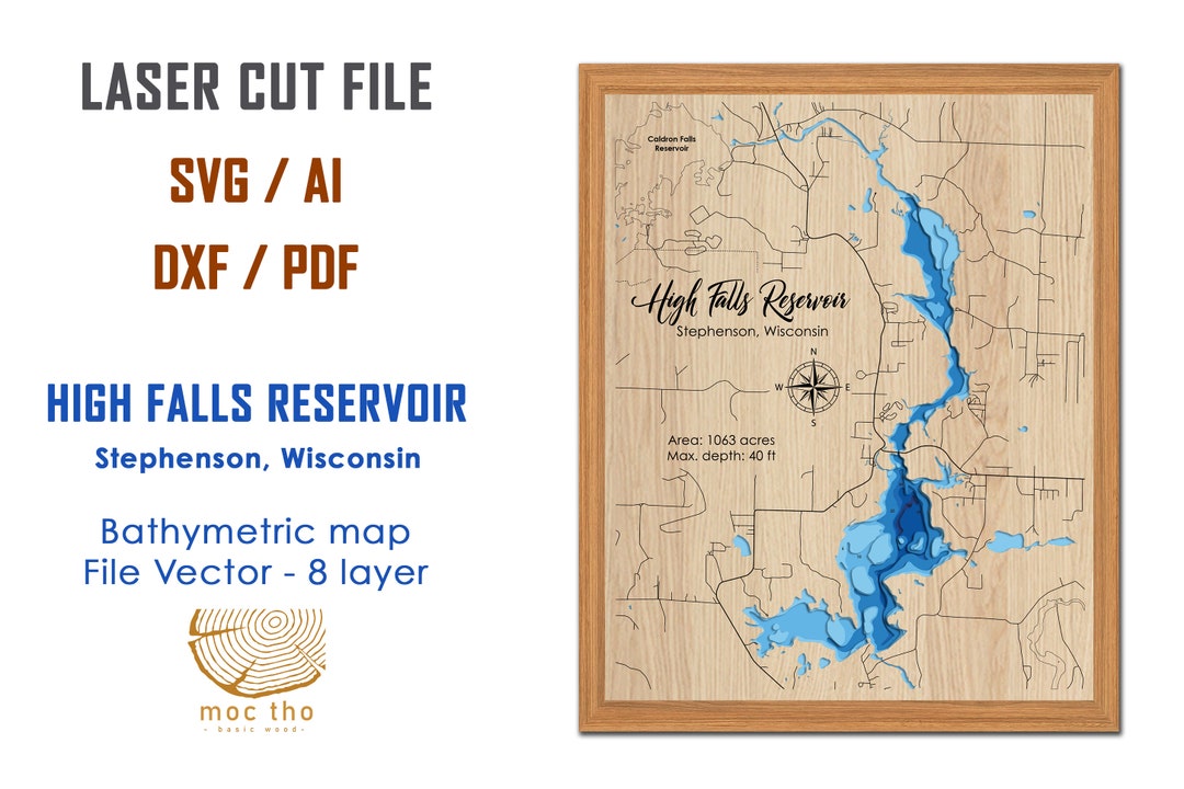 Digital File PDF, SVG High Falls Reservoir Wisconsin Bathymetric Depth