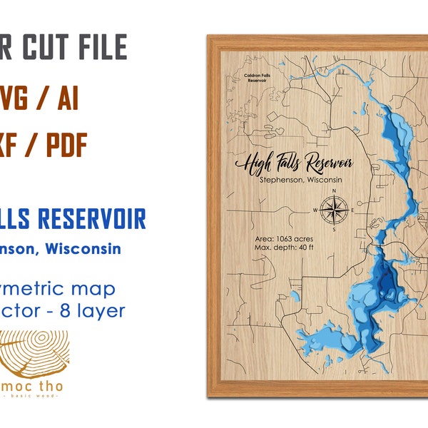 Digital File PDF, SVG - High Falls Reservoir Wisconsin Bathymetric Depth Layers SVG File, Layered Vector, Laser Cut File, wedding gift,