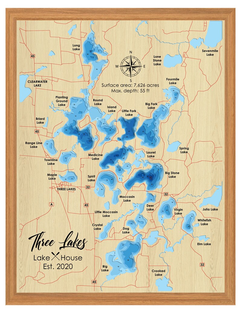 Digital File PDF, SVG - Three Lakes Wisconsin Map Bathymetric Depth