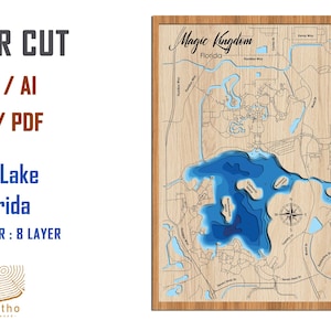 Digitaal bestand pdf, SVG - Bay Lake Florida, bathymetrische dieptelagen SVG-bestand, gelaagde vector, lasergesneden bestand, huwelijkscadeau