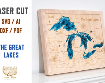 Fichier numérique PDF, AI, SVG La carte des Grands Lacs en bois, motifs découpés au laser multicouches Vector, lac en bois personnalisé, cadeau de pendaison de crémaillère