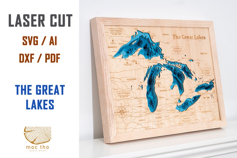 Digital File PDF, AI, SVG the Great Lakes Map Wood Multilayer Laser Cut