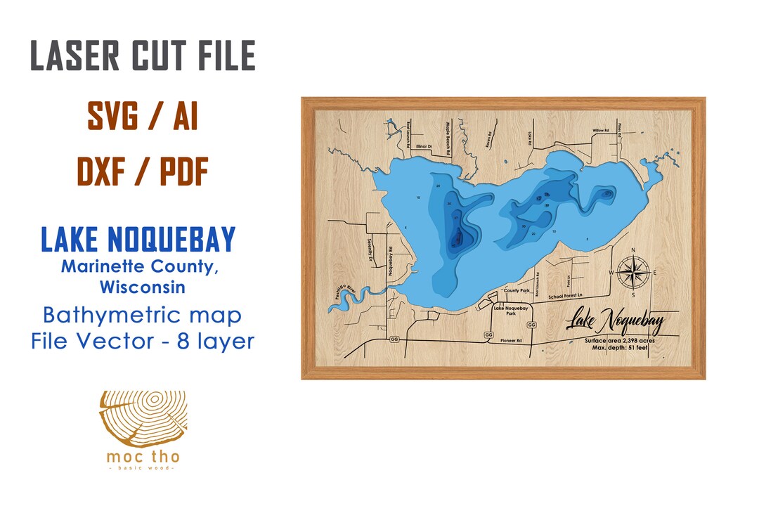 Digital File PDF SVG Lake Noquebay Wisconsin Map Etsy