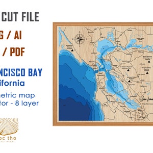 Digitaal bestand pdf, SVG - San Francisco Bay, Californië bathymetrische dieptelagen SVG-bestand, gelaagde vector, lasergesneden bestand, huwelijkscadeau