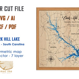 Digital File PDF, SVG - Clark Hill Lake South Carolina Bathymetric Depth Layers SVG File, Layered Vector, Laser Cut File, wedding gift,