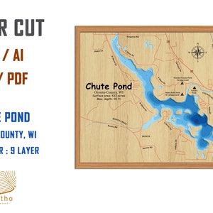 Digital File PDF, SVG - Chute Pond Wisconsin Bathymetric Depth Layers SVG File, Layered Vector, Laser Cut File, wedding gift,
