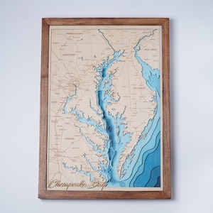 Chesapeake Bay Mappa Legno 7 strati mappa legno batimatrico mappa lago, mappa fluviale, arte della parete incisa al laser, regalo di inaugurazione della casa