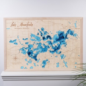 Houten kaart Lake Minnetonka 3D aangepast kaart meer, eiland en kust Bathymetrische kaart, Cabin House Wall Art, kerstcadeaus