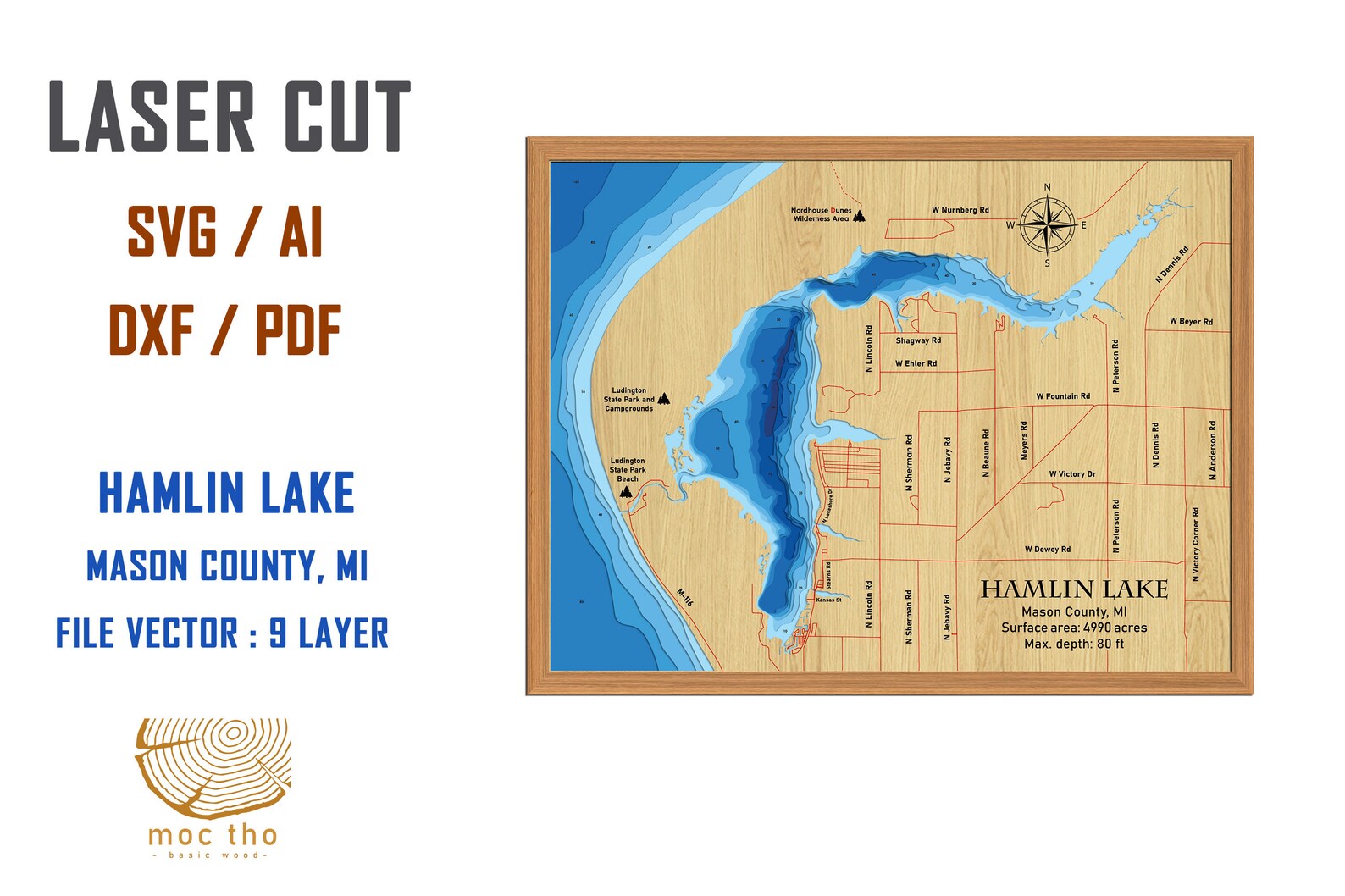Digital File PDF, SVG - Hamlin Lake Michigan Map Bathymetric Depth ...