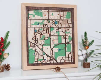 Custom wood CITY map, Personalized framed map, laser engraved wall art, housewarming gift, Framed map wood