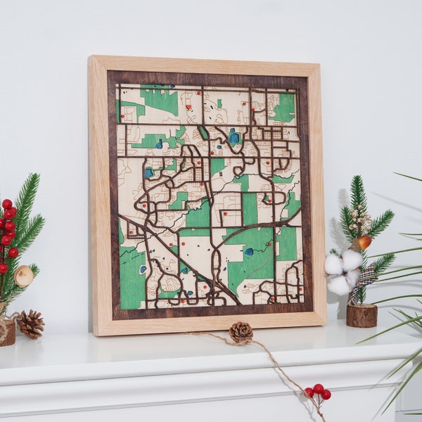 Custom wood CITY map, Personalized framed map, laser engraved wall art, housewarming gift, Framed map wood