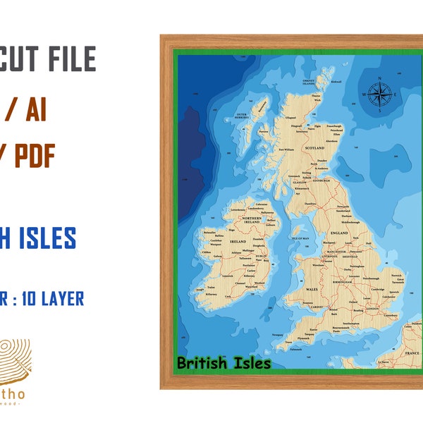 Digital File PDF, SVG - British Isles England Ireland Scotland map Bathymetric Depth Layers SVG File, Layered Vector, Laser Cut File, gift