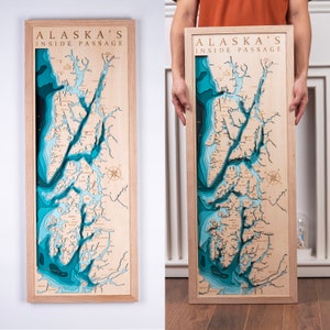 Houten kaart Alaska Inside Passage 3D Custom Lake, Island, Coast kaart bathymetrische kaart, Cabin House Wall Art, kerstcadeaus, Nieuwjaar