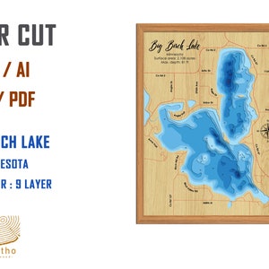 Digital File PDF, SVG - Big Birch Lake, Mn Bathymetric Depth Layers SVG File, Layered Vector, Laser Cut File, wedding gift,
