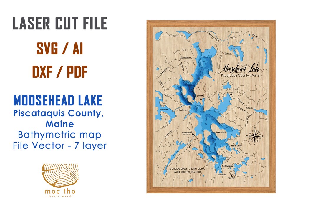 Digital File PDF, SVG Moosehead Lake Maine Map Bathymetric Depth Layers