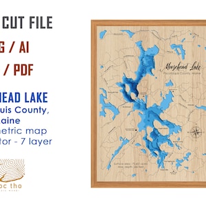 Digital File PDF, SVG - Moosehead Lake Maine Map Bathymetric Depth Layers SVG File, Layered Vector, Laser Cut File, wedding gift