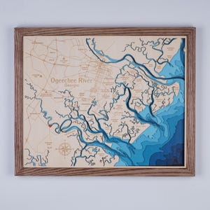 Mapa topográfico de madera de 9 capas del río Ogeechee, Georgia, mapa de lago personalizado, mapa enmarcado personalizado, arte de pared grabado con láser, regalo de inauguración de la casa
