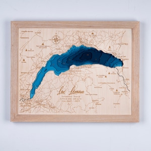 Meer van Genève houten kaart Lac Léman 3D aangepast kaart meer, eiland en kust Bathymetrische kaart, Cabin House Wall Art, kerstcadeaus