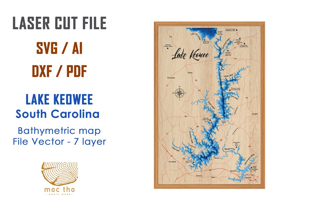 Digital File PDF, SVG Lake Keowee South Carolina Map Bathymetric Depth Layers SVG File, Layered