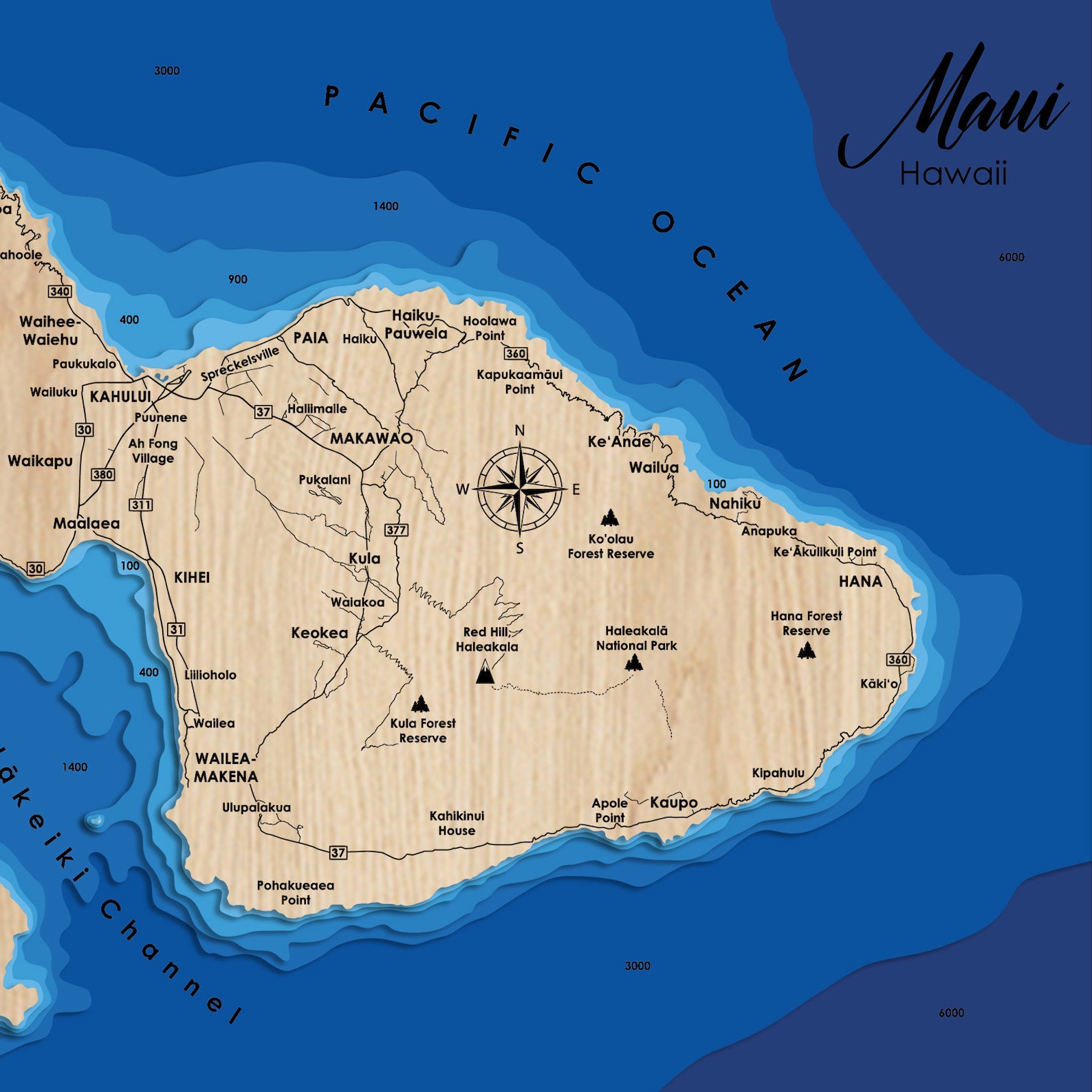 Printable Maui Map.pdf Digital File PDF, SVG - Maui Island of Hawaii Map Bathymetric Depth ...
