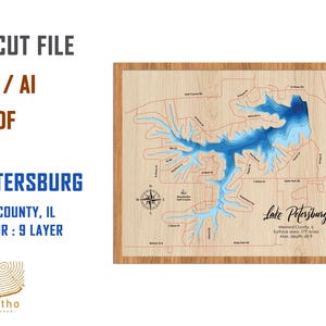 Digitale Datei PDF, SVG - Lake Petersburg, Illinois Bathymetrische Tiefe Schichten SVG-Datei, Schicht Vektor, Laser geschnitten Datei, Hochzeitsgeschenk,