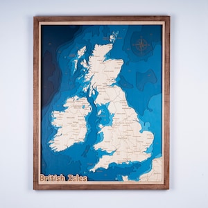 Kaart van de Britse eilanden omvat Engeland, Wales, Schotland, Ierland, hout 3D Custom Lake, bathymetrische kaart, kunst aan de muur Cabin House, kerstcadeaus