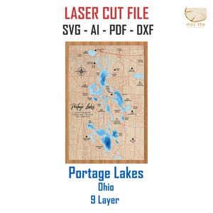 Archivo digital PDF, SVG - Mapa de Portage Lakes, Ohio, Archivo SVG con capas de profundidad batimétrica, Vector en capas, Archivo cortado con láser, regalo de boda