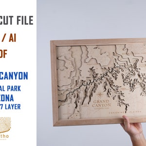 Fichier numérique PDF, AI, SVG Parc national du Grand Canyon, Arizona, carte en bois, motifs découpés au Laser multicouches, vecteur, lac personnalisé, cadeau de pendaison de crémaillère