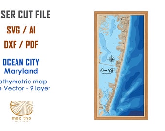 Digital File PDF, SVG - Ocean city Maryland, Bathymetric Depth Layers SVG File, Layered Vector, Laser Cut File, wedding gift
