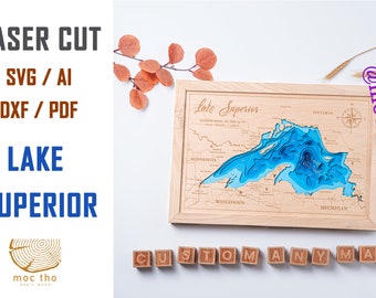 Digital File DXF, AI, SVG - Lake Superior map wood bathymetric map , Custom wood lake, river map, laser engraved wall art, housewarming gift