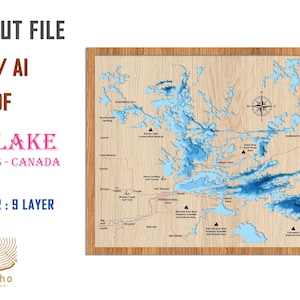 Digitale Datei PDF, SVG - Rainy Lake Karte, Bathymetrische Tiefe Schichten SVG-Datei, Schicht Vektor, Laser geschnitten Datei, Hochzeitsgeschenk