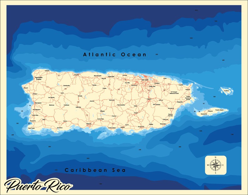 May include: A detailed map of Puerto Rico, with beige roads and cities set against a blue gradient representing ocean depths. The map includes labels for the "Atlantic Ocean" and "Caribbean Sea". A compass rose is in the corner.