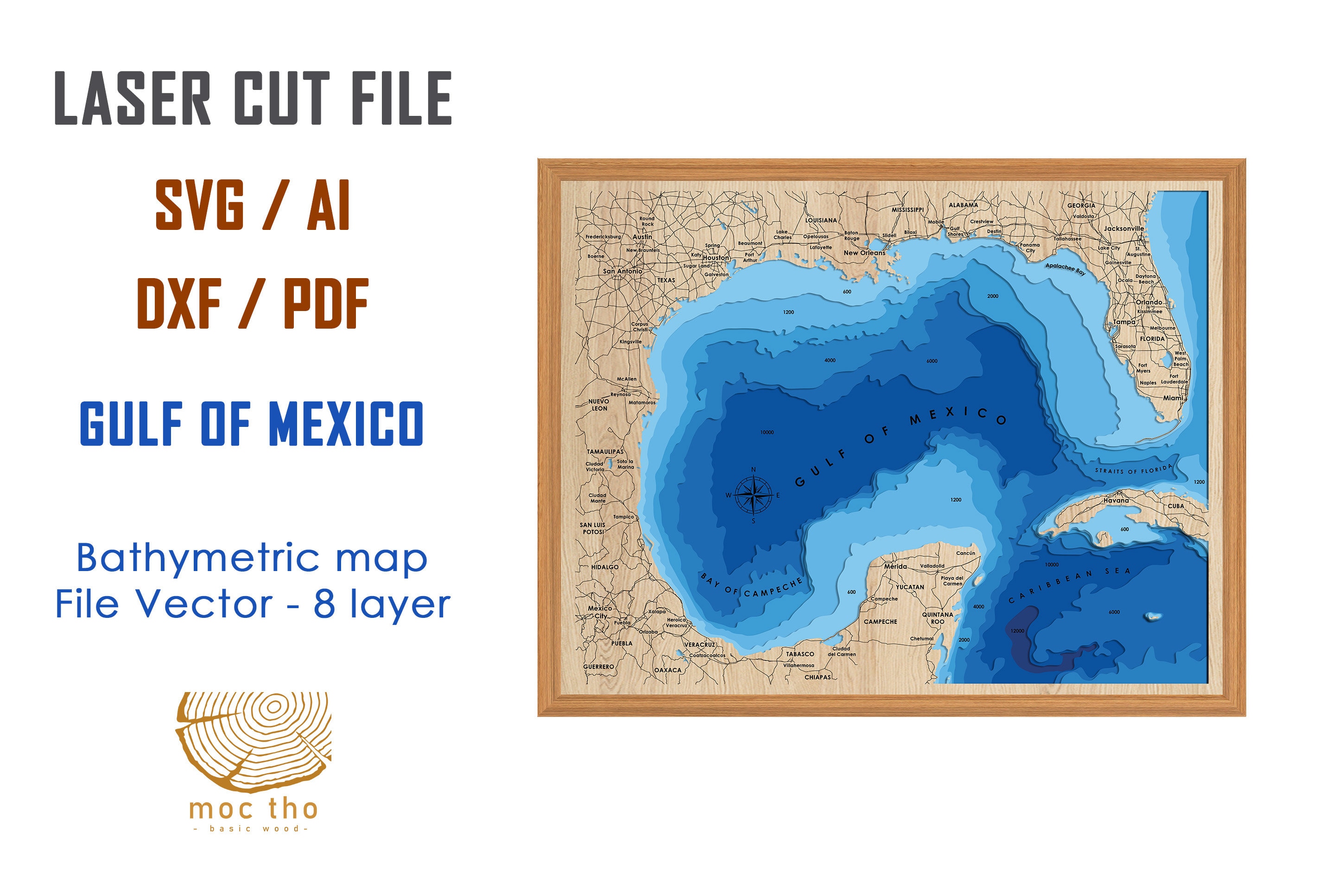 Digital File PDF, SVG - Gulf of Mexico, Gulf of America map Bathymetric Depth Layers SVG File, Layered Vector, Laser Cut File, wedding gift,