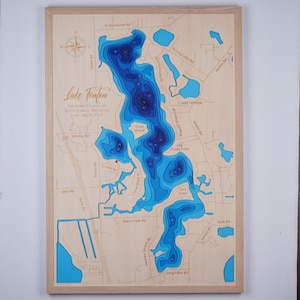 Lake Fenton, Michigan houten kaart 3D Custom Lake, Island, Coast kaart bathymetrische kaart, Cabin House Wall Art, kerstcadeaus, Nieuwjaar