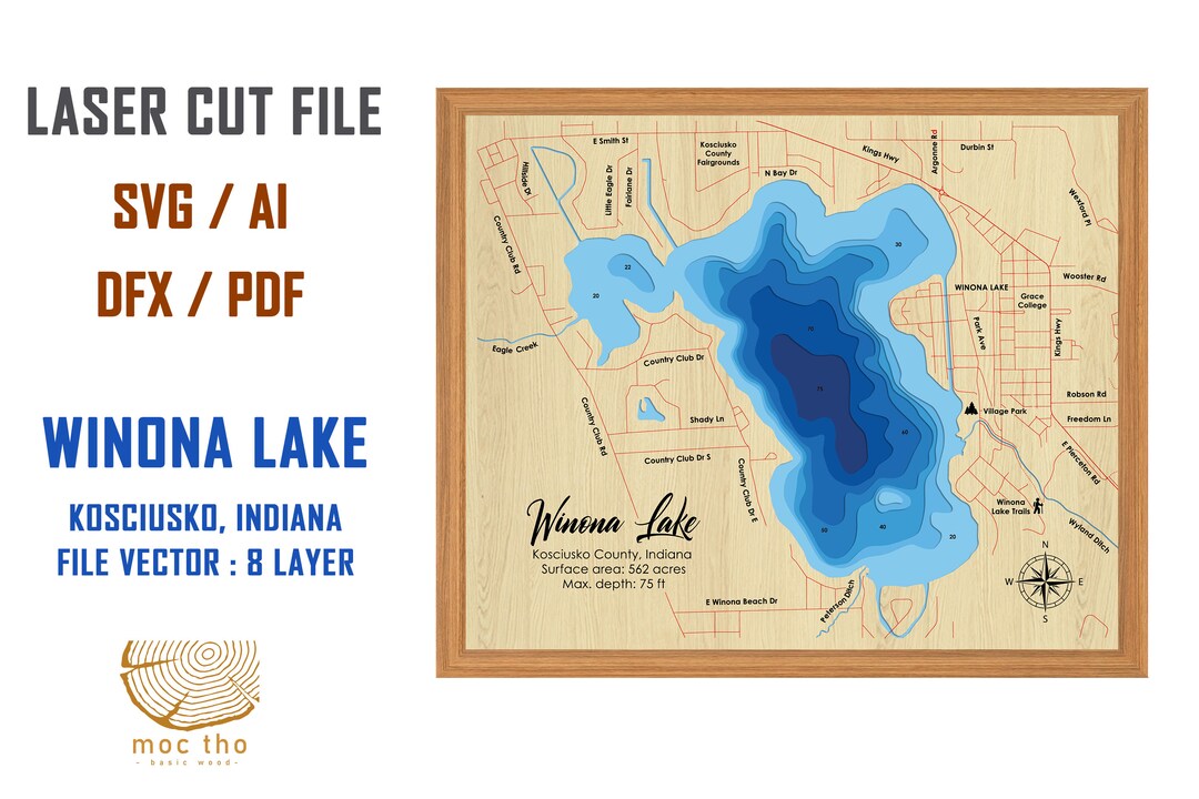 Digital File PDF, SVG Winona Lake Indiana Map Bathymetric Depth Layers