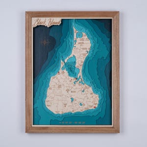 Block Island Rhode Island 9-laagse kaart hout topografisch, aangepaste kaart van het meer, gepersonaliseerde ingelijste kaart, lasergegraveerde kunst aan de muur, housewarmingcadeau