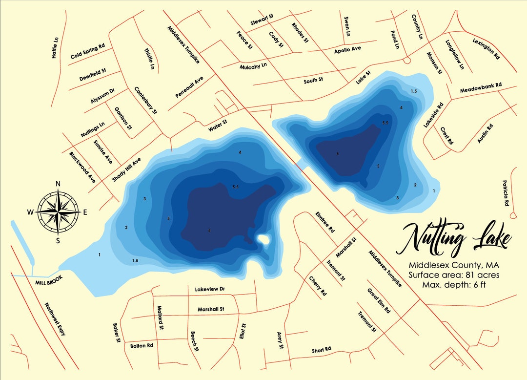 Digital File PDF, SVG Nutting Lake Billerica Ma Bathymetric Depth