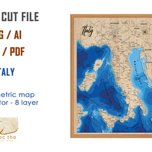 Fichier numérique PDF, SVG - Carte du pays de l'Italie, profondeur bathymétrique des couches fichier SVG, vecteur en couches, fichier découpé au laser, cadeau de mariage,