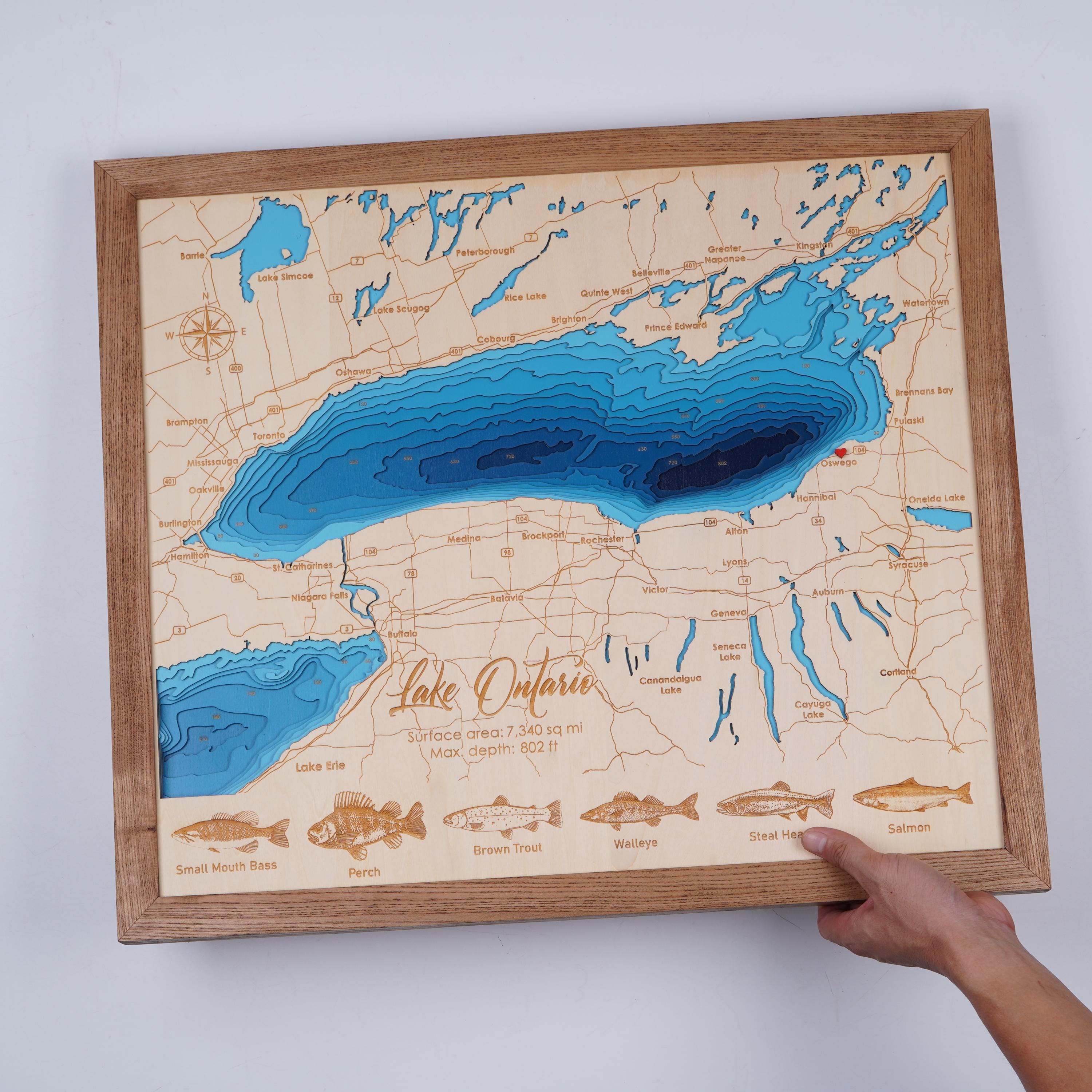 Personalized Wood Fishing Lake Map, Custom Fish Lake 3D Wood Map ...