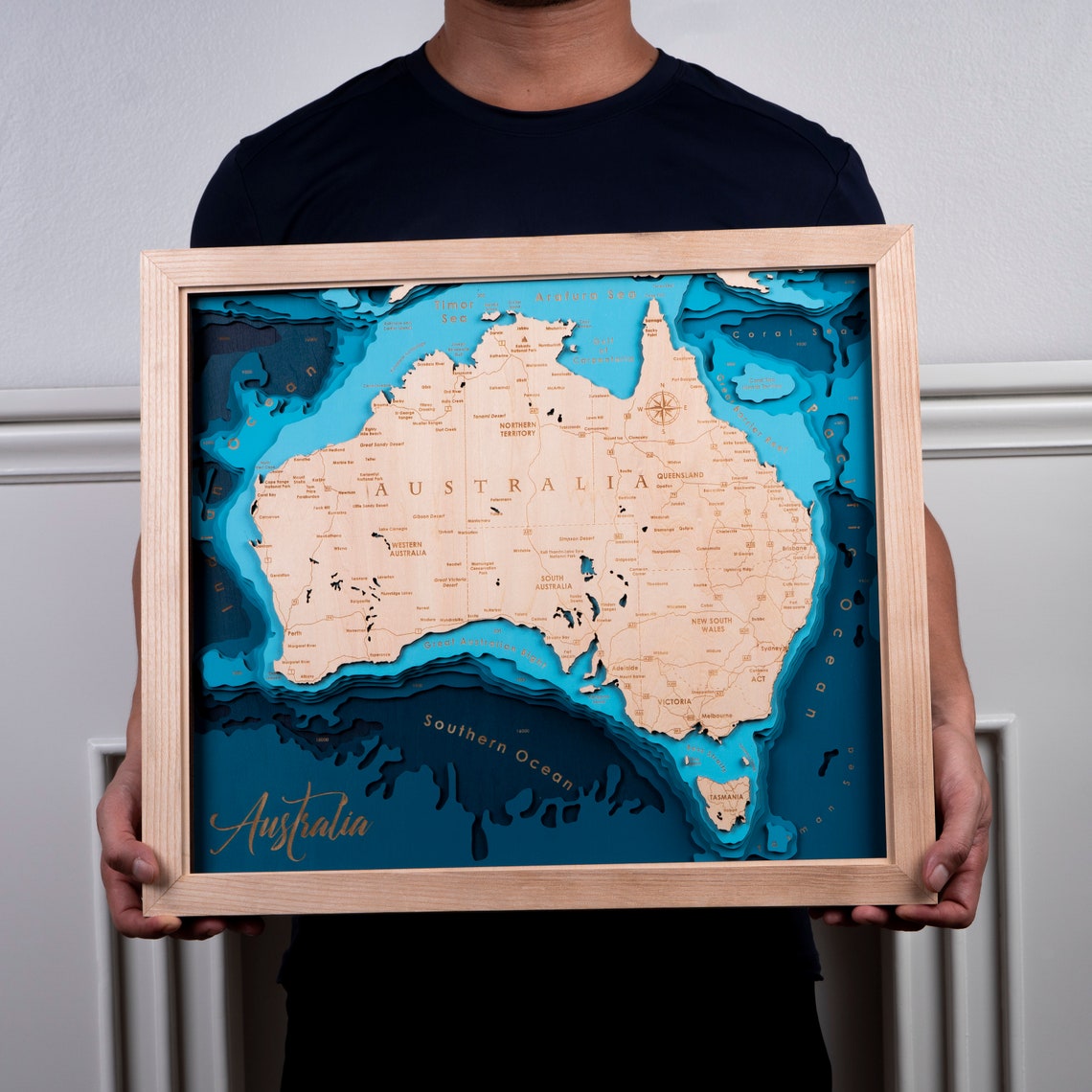 Australia Wood Map 3D Custom Lake, Island, Coast Map Bathymetric Map ...