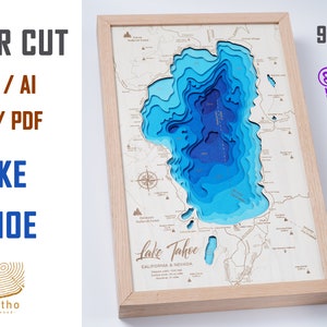 Digitale Datei DXF, AI, SVG - Tahoe See Karte Eukalyptus Karte mit Wasser, Wasser Karte, individuelle Holz Karte mit See, Laser gravierte Wandkunst, Einweihungsparty Geschenk