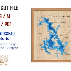 Digital File PDF, SVG - Lake Rosseau Ontario map, Bathymetric Depth Layers SVG File, Layered Vector, Laser Cut File, wedding gift,