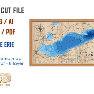 Fichier numérique DXF, AI, SVG - carte bathymétrique en bois du lac Érié, lac en bois personnalisé, carte de la rivière, art mural gravé au laser, cadeau de pendaison de crémaillère