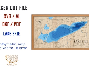 Digital File DXF, AI, SVG - Lake Erie map wood bathymetric map , Custom wood lake, river map, laser engraved wall art, housewarming gift