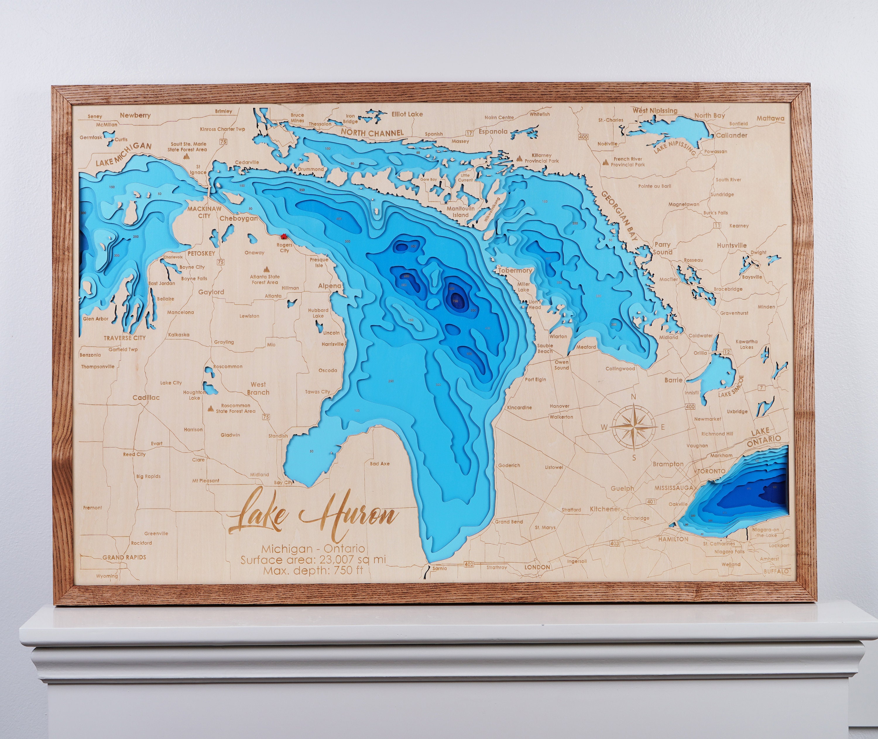 Lake Huron Wood Map 3D Custom Lake, Island, Coast Map Bathymetric Map ...