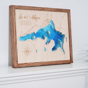 Mapa batimático de madeira 3D de Lac de l'Achigan, presente de inauguração de lago personalizado, decoração de casa de praia, mapa de pesca | presente de casamento