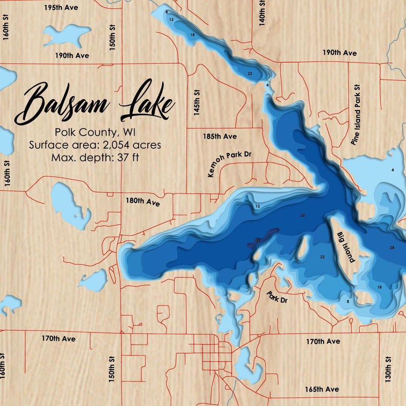 Digital File PDF, SVG - Balsam Lake Wisconsin Map, Bathymetric Depth