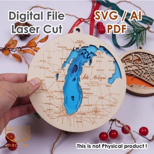 Archivo digital SVG: adorno navideño del lago Michigan de 6 pulgadas, regalo de inauguración de la casa personalizado, adorno para una casa nueva, regalo de Navidad, cabaña