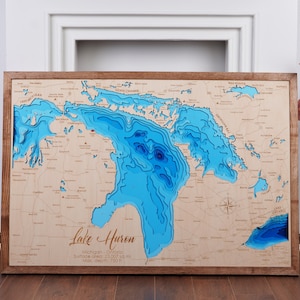 Mappa in legno del Lago Huron 3D Personalizzata Lago, Isola, Mappa della costa Mappa batimetrica, Arte della parete della cabina, regali di Natale