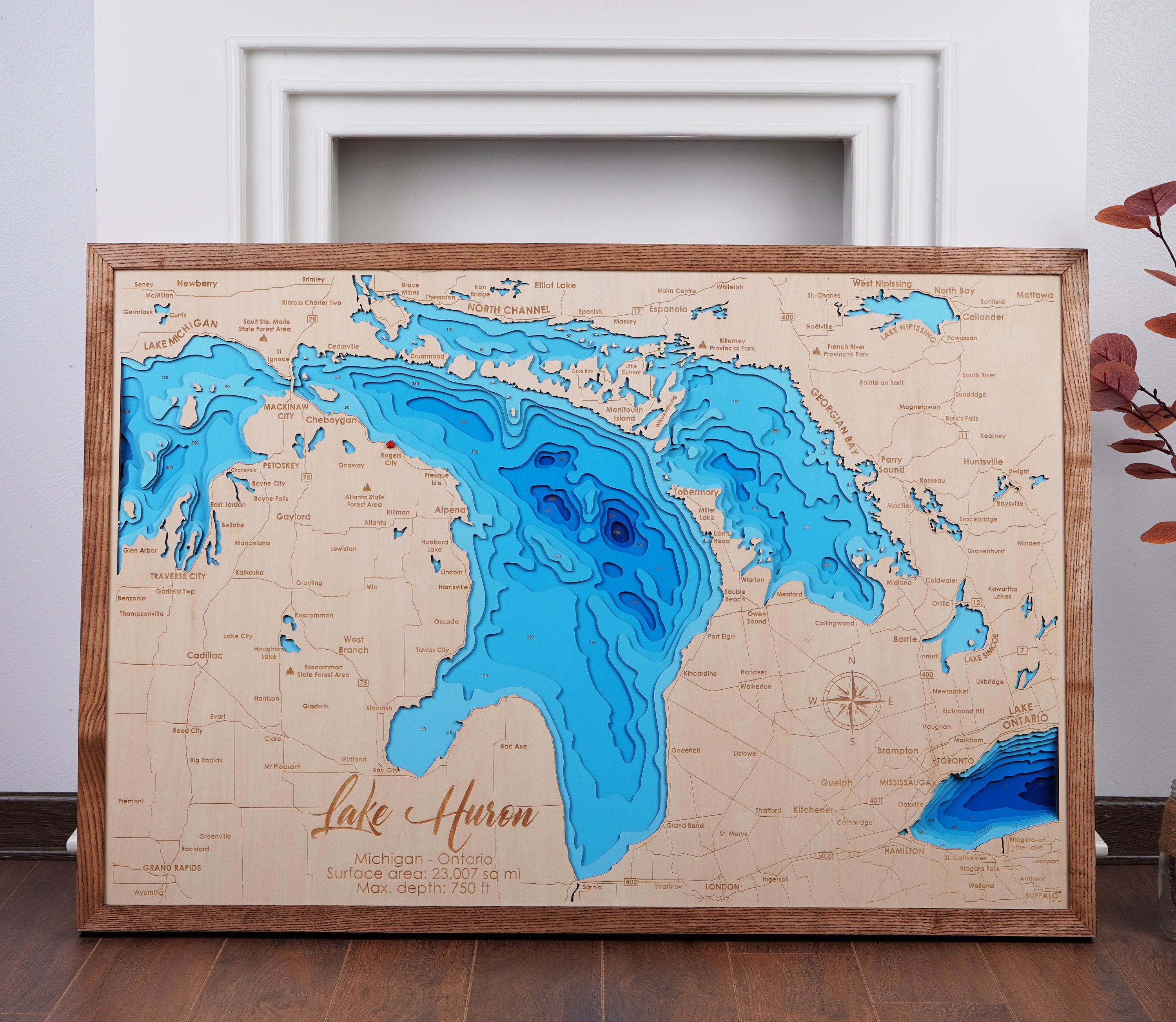 Lake Huron Wood Map 3D Custom Lake, Island, Coast Map Bathymetric Map ...